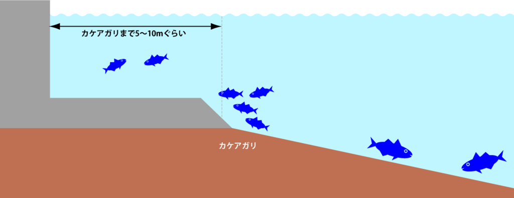 一般的な護岸の10メートル程度沖にはカケアガリがある
